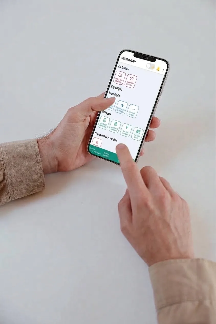 Mãos segurando um celular com o AltisMobile aberto no menu de cadastros, expedição, estoque e vendas