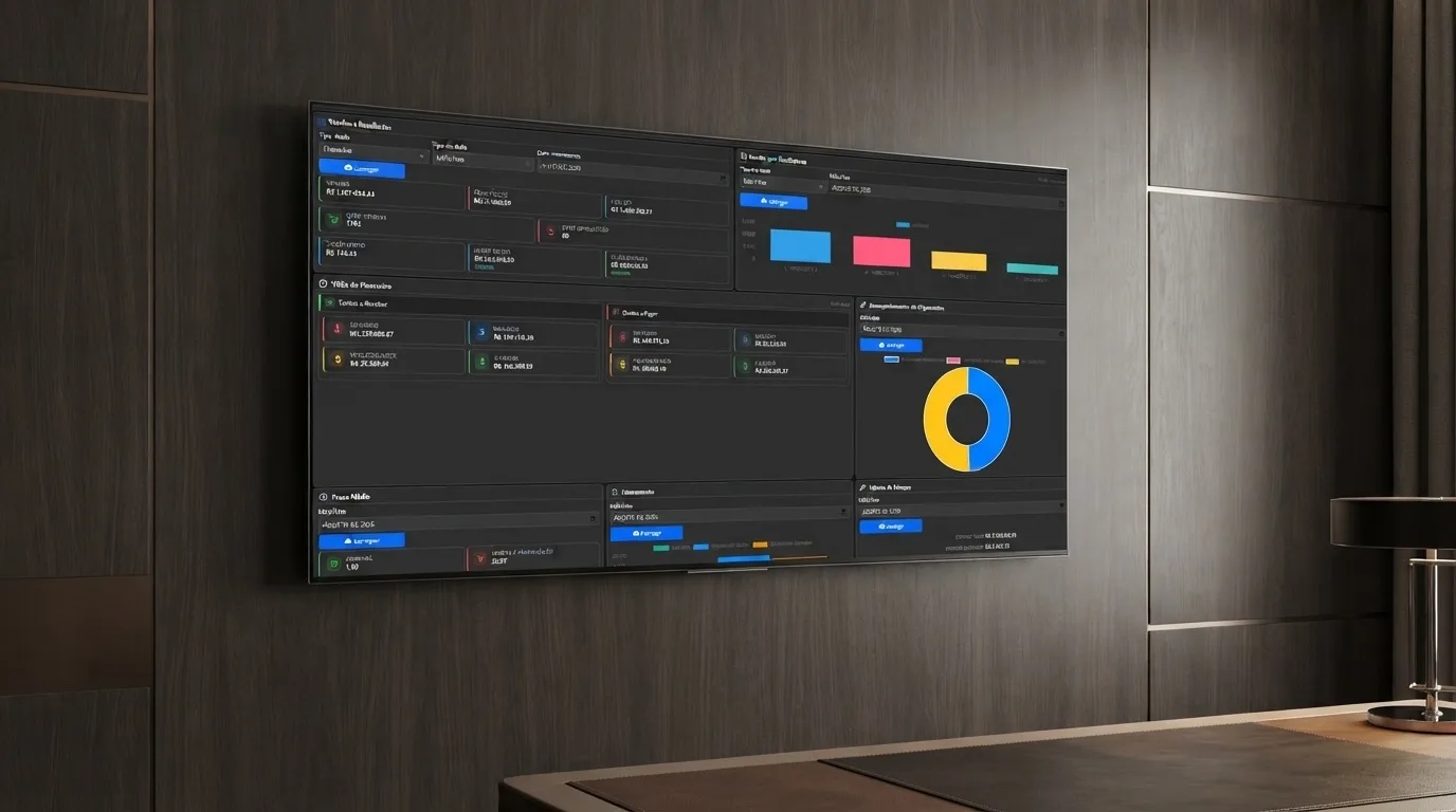 Painel do AltisW com os resultados da loja exibido numa TV na parede de um escritório