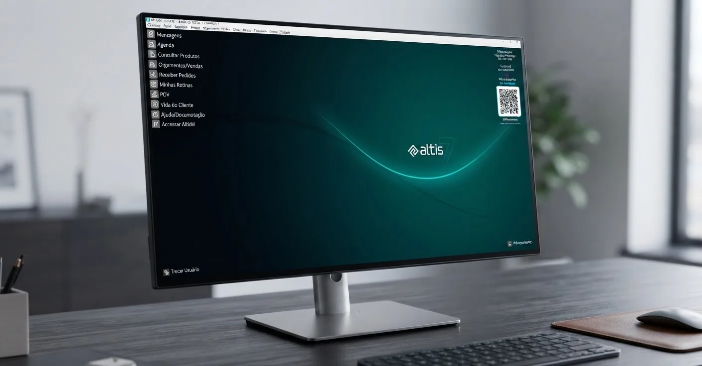 Monitor numa mesa de escritório com o menu principal do ERP Altis aberto